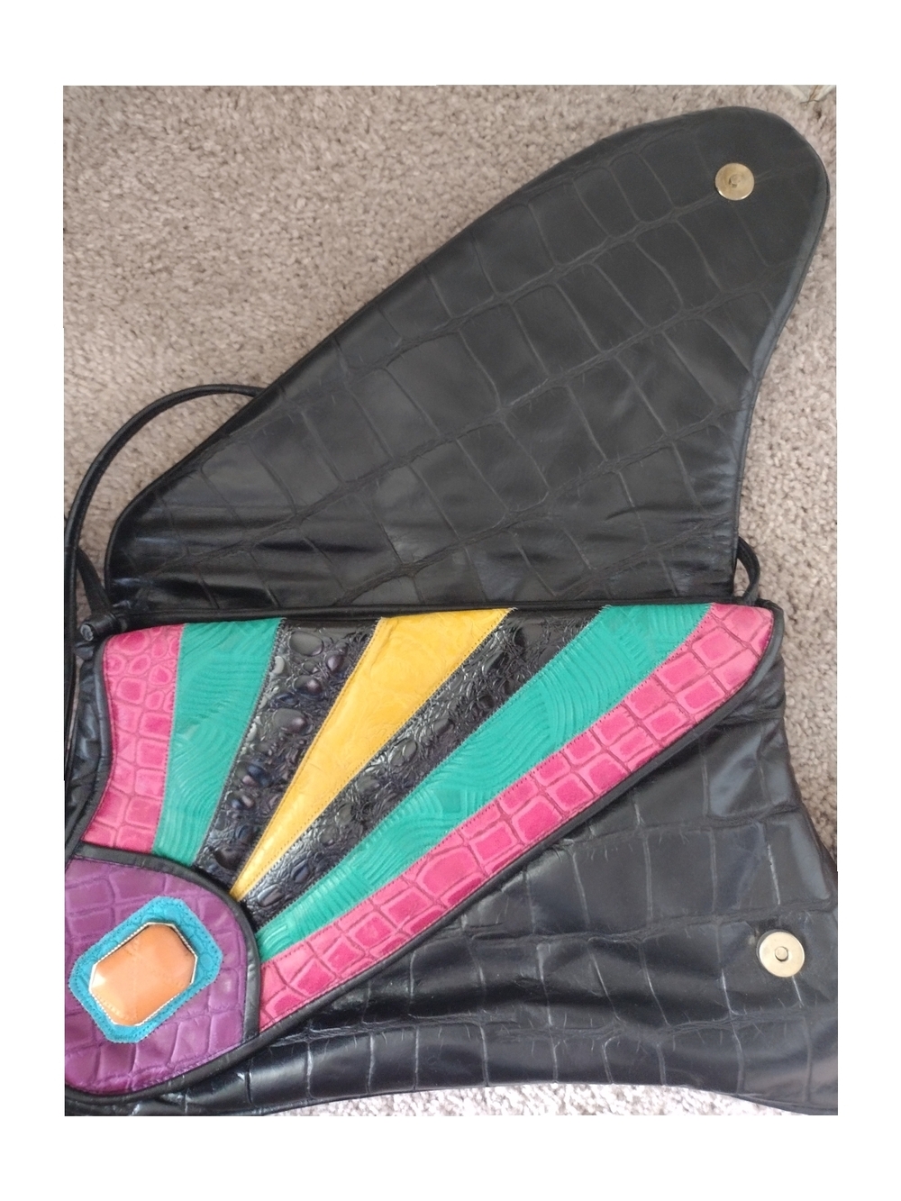 1980s Noble Handbags Inc Colorful Geometric Leather Crossbody Bag - Multicolor - Picture 8 of 13